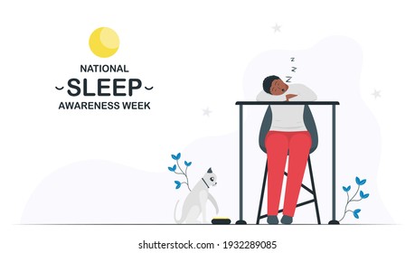 National Sleep Awareness Week. Woman put her head down on table for a long time. Vector illustration in flat style. This graphic is isolated on white background. 14 to 20 March, 2021.