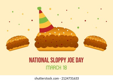 National Sloppy Joe Day Grußkarte, Illustration mit süßen Cartoon Stil schlampige Joe Sandwiches mit Konfetti und Party-Hut. 18. März.