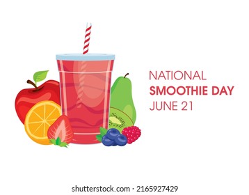 National Smoothie Day vector. Fresh pink smoothie in a plastic cup vector. Healthy fruit juice mix icon vector. Disposable cup of juice with straw and a pile of fruits vector. June 21. Important day