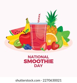 Nationale Smoothie-Tag-Vektorgrafik. Frische rosa Smoothie trinken in einem Plastikbecher Vektorgrafik. Gesunde Fruchtsäfte mischen Symbol Vektorgrafik. Einweg-Tasse Saft mit Stroh und ein Haufen Früchte ziehen