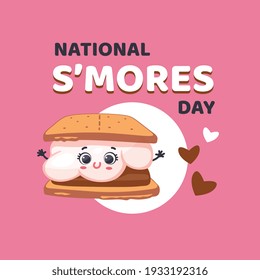 National Smores day poster or banner design, cartoon vector illustration on pink background. Marshmallow character with cute kawaii face placed between graham crackers.