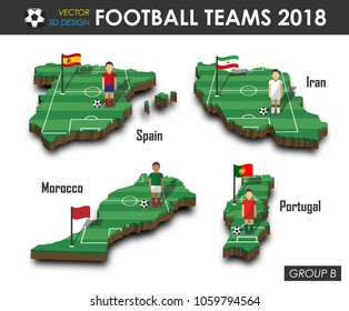 National soccer teams group B . Football player and flag on 3d design country map . isolated background . Vector for international world championship tournament 2018 concept .