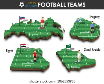 National soccer teams group A . Football player and flag on 3d design country map . isolated background . Vector for international world championship tournament 2018 concept .