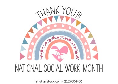 National Social Work Month Greeting Banner. Cute Rainbow, Text 