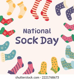 National Sock Day. Various type of colorful woolen knitted socks. Holiday poster, banner, template.