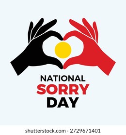 National Sorry Day Poster, Vektorgrafik. Hand Herz Geste Australian Aboriginal Flag Symbol. Australian Aborigine Flag Liebe Hände Fahne Symbol. Vorlage für Hintergrund, Banner, Karte. 26. Mai jedes Jahres. Wichtiger Tag