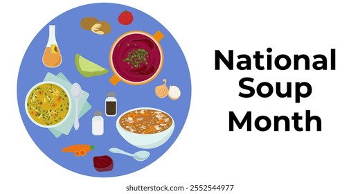 Mês Nacional da Sopa, banner horizontal ou ideia do folheto com atributos do prato quente e ilustração do vetor dos ingredientes