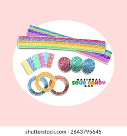 National Sour Candy Day to celebrate on July 18th. Colorful chewy candies sprinkled with fine white sugar grains on pink background. Sweets event banner