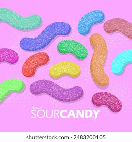 National Sour Candy Day event food banner. Various flavors and colors of sour candy on purple background to celebrate on July 18th