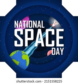National Space Day Concept Greeting. Celebrated on May 6. Vector Illustration of space, earth, planets, stars, and rocket launching from earth into space. Paper cut out style. EPS 10 File.