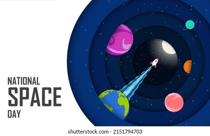 National Space Day Concept Greeting and holiday description. Celebrated on May 6. Vector Illustration of space, earth, planets, stars, and rocket launching from earth into space. Paper cut out style. 