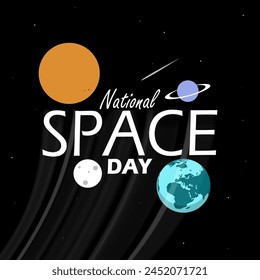 In: National Space Day Event Banner. Mehrere Planeten wie Erde, Mond, Saturn und Sonne im Weltraum zusammen mit den Sternen, um den Mai zu feiern