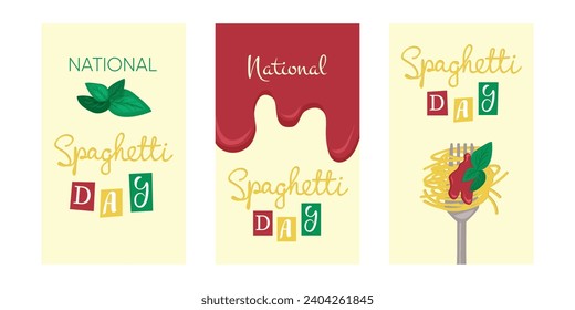 National Spaghetti Day cards. Handwriting text and spaghetti on fork with tomato sauce and basil. Hand drawn vector art