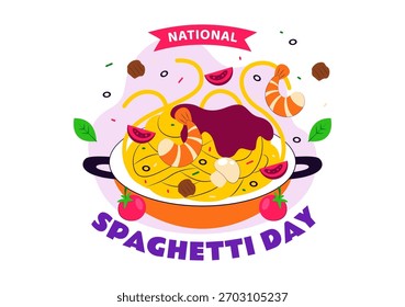 National Spaghetti Day Celebration Vektorgrafik mit verschiedenen Nudelgerichten auf lustigem und festlichem, flachem Cartoon-Hintergrund