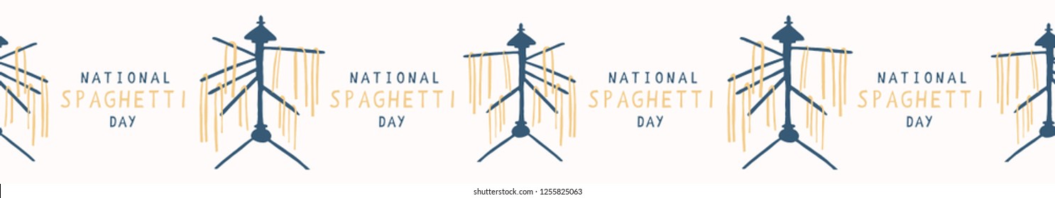 National Spaghetti Day Drying Rack. Hand Drawn Seamless Vector  Border Illustration. Isolated Hanging Dry Pasta Noodles For Cookery Class, Traditional  Italian Food Menu, Fresh Ramen Recipe Packaging.