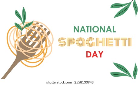 National Spaghetti Day. Italian pasta on a fork, food, dish. Poster, banner, greeting card. Vector illustration