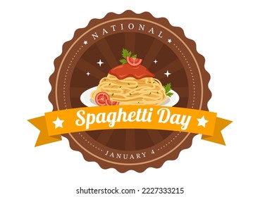 Día Nacional del Espagueti el 4 de enero con una placa de fideos italianos o pasta de diferentes platos en dibujos a mano de dibujos a mano dibujados con ilustraciones de plantillas