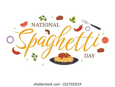 Día Nacional del Espagueti el 4 de enero con una placa de fideos italianos o pasta de diferentes platos en dibujos a mano de dibujos a mano dibujados con ilustraciones de plantillas