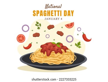 Día Nacional del Espagueti el 4 de enero con una placa de fideos italianos o pasta de diferentes platos en dibujos a mano de dibujos a mano dibujados con ilustraciones de plantillas