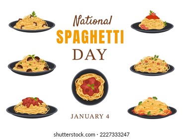 National Spaghetti Day on 4th January with a Plate of Italian Noodles or Pasta Different Dishes in Flat Cartoon Hand Drawn Template Illustration