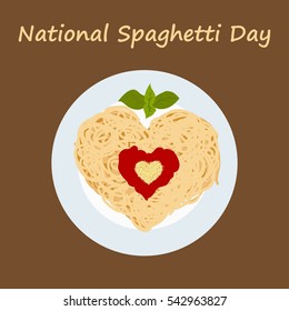 National Spaghetti Day. Pasta with sauce in dish. Flat stock vector illustration.