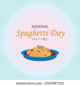 National Spaghetti Day. Spaghetti, plate and fork. Postcard, banner, poster, vector.