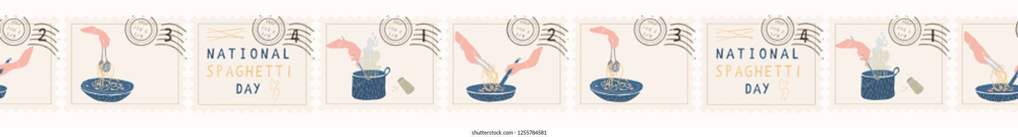 National Spaghetti Day Postage Stamps. Hand Drawn Seamless Vector Border Set. Cooking Pasta Food. Noodles Pot, Bowl, Pan Illustration Cookery Blog, Italian Restaurant Menu, Taste of Italy Celebration