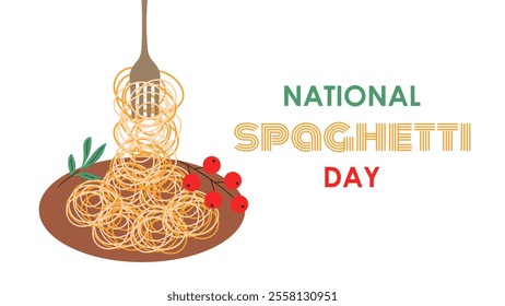 National Spaghetti Day. Poster, banner, greeting card. Italian pasta on fork, food, dish. Vector illustration