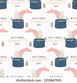 National Spaghetti Day Seamless Vector Pattern Illustration. Strirring Hand Drawn Pasta Noodles Boiling in Cooking Pot. For Cookery Blog Backdrop or Traditional Taste of Italy Restaurant Celebration. 
