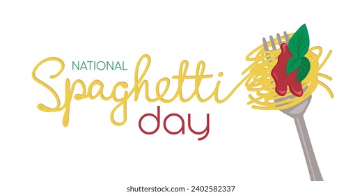 National Spaghetti Day text banner. Handwriting text and spaghetti on fork with tomato sauce and basil. Hand drawn vector art