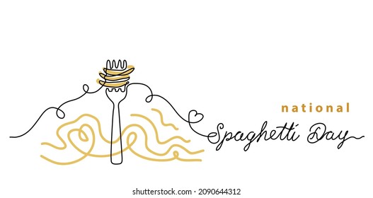 National Spaghetti Day Vector One Line Art Drawing Background, Banner, Poster. Fork With Pasta, Noodle, Macaroni. Simple Doodle Illustration. Spaghetti Day Lettering.