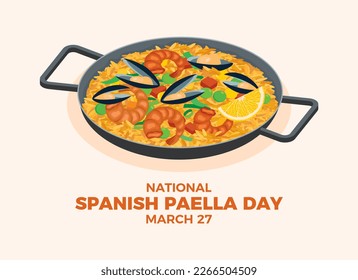 Ilustración vectorial del Día Nacional de la Paella en España. Arroz con vectores de mariscos y verduras. plato español con mejillones, gambas y dibujo de arroz. 27 de marzo. Día importante