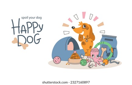 National Spoil Your Dog Day. Happy dog with different dog supplies and equipment. Pet shop concept. Freehand vector illustration