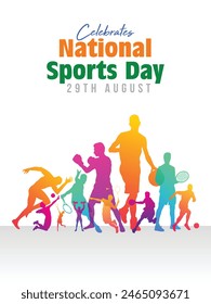 Día Nacional del Deporte Diseño de póster. Feliz día nacional del deporte. Un día festivo celebrado, deportista de diferentes campos, Anuncio, cartel. Ilustración de personalidades deportivas en India. Arte vectorial.