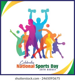 Día Nacional del Deporte Diseño de póster. Feliz día nacional del deporte. Un día festivo celebrado, deportista de diferentes campos, Anuncio, cartel. Ilustración de personalidades deportivas en India. Arte vectorial.