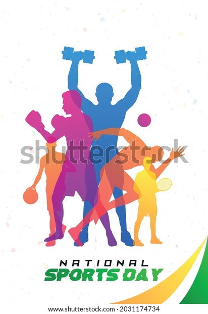 National Sport day Poster design. Happy national\
sport day. A public holiday celebrated, sportsperson from different\
fields, banner, poster. Illustration of Famous Sports Personalities\
in India.