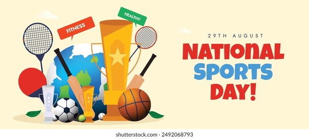 Día nacional del deporte. 29 de agosto celebración del Día Nacional del Deporte cubre el Anuncio con un gran trofeo dorado , artículos deportivos: baloncesto, futbol, raquetas, raqueta de tenis. Plantilla de Anuncio conceptual para juegos.