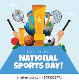 National sports day. 29th August National Sports day celebration banner with big golden trophy , sports items: basketball, football, rackets, tennis racket. Conceptual banner design for games.