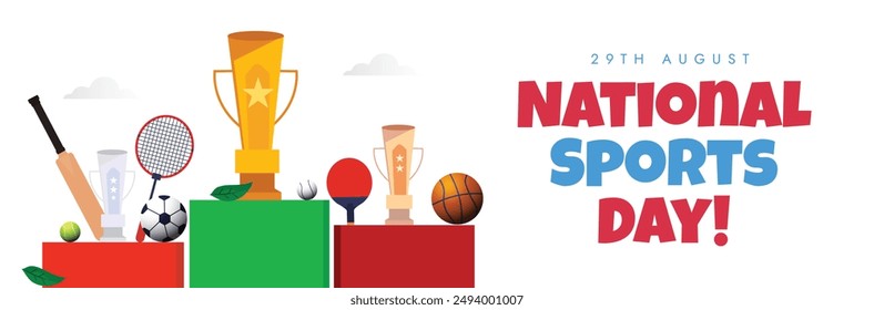 National sports day. 29th August National Sports day celebration cover banner with big golden trophy , sports items: basketball, football, rackets, tennis racket. Conceptual banner template for games.