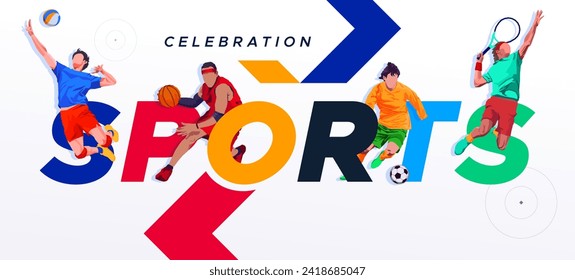 Día nacional del deporte, concepto de celebración del día nacional del deporte. antecedentes deportivos. Moderno estilo tipográfico e ilustraciones de futbolistas, baloncesto, tenis y más