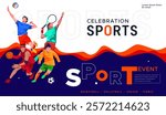 National sports day celebration design featuring illustrations of basketball, soccer, volleyball, and tennis athletes on a sporty background. Can be used for banners, web, etc. Sports day concept