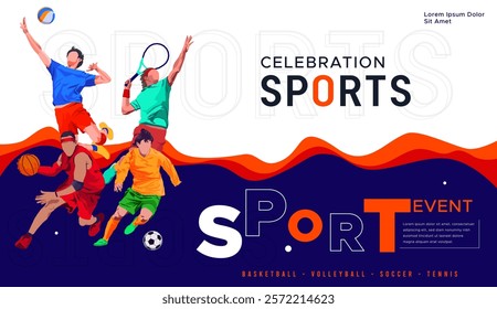 National sports day celebration design featuring illustrations of basketball, soccer, volleyball, and tennis athletes on a sporty background. Can be used for banners, web, etc. Sports day concept