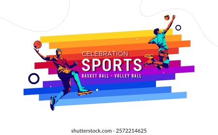 National sports day celebration design featuring illustrations of basketball and volleyball athletes on a sporty background. Can be used for banners, web, etc. Sports day concept