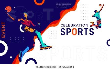 National sports day celebration design featuring illustrations of basketball and volleyball athletes on a sporty background. Can be used for banners, web, etc. Sports day concept