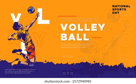 National sports day celebration design featuring volleyball athlete illustration with shooting pose on sporty background. Can be used for banner, web, etc. Sports day concept