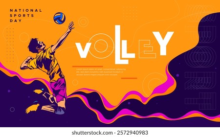 National sports day celebration design featuring volleyball athlete illustration with shooting pose on sporty background. Can be used for banner, web, etc. Sports day concept