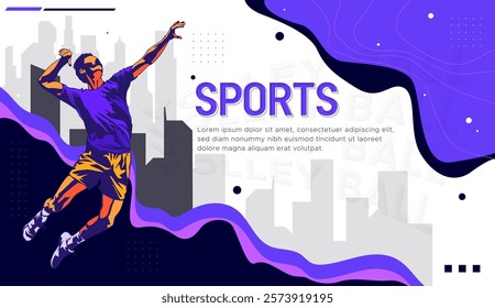 National sports day celebration design featuring volleyball athlete illustration with shooting pose on sporty background. Can be used for banner, web, etc. Sports day concept