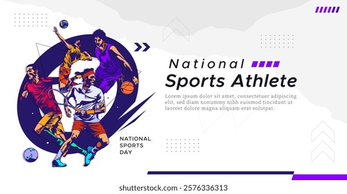 National sports day celebration design featuring illustrations of basketball, soccer, volleyball, and tennis athletes on a sporty background. Can be used for banners, web, etc. Sports day concept