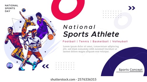 National sports day celebration design featuring illustrations of basketball, soccer, volleyball, and tennis athletes on a sporty background. Can be used for banners, web, etc. Sports day concept