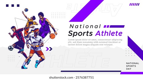 National sports day celebration design featuring illustrations of basketball, soccer, volleyball, and tennis athletes on a sporty background. Can be used for banners, web, etc. Sports day concept